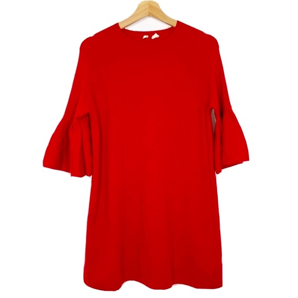 Anthro MOTH Red Bell Sleeve Rib Knit Mini Sweater Shift Dress Tunic - Picture 9 of 12